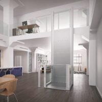 RB-150 open platformlift naar een vide in een lichte loftruimte